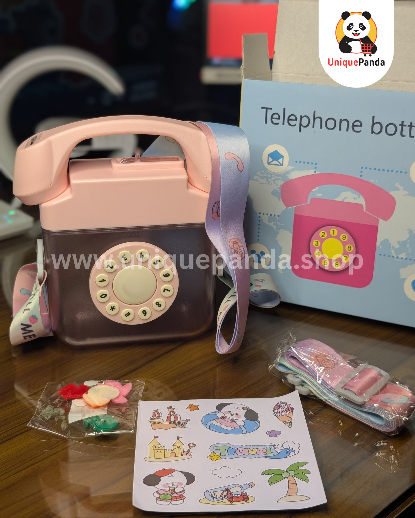 Unique Telephone Shape Water Bottle for Kids 400ml – Rotating Dial, Cute Stickers & Adjustable Strap