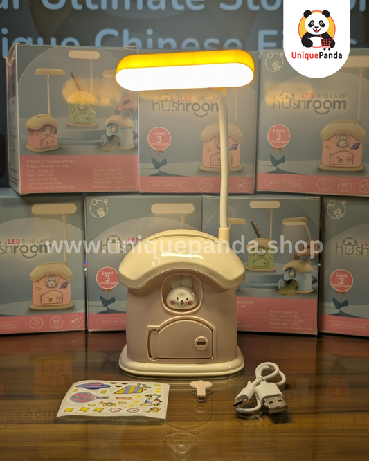 Premium Mushroom House Rechargeable Desk Lamp with Piggy Bank, Coin Locker, Coin Bank, Locker Key & Pen Stand | 3 Color Light Modes | Type-C Charging | Cute Night Light for Kids & Home Decor