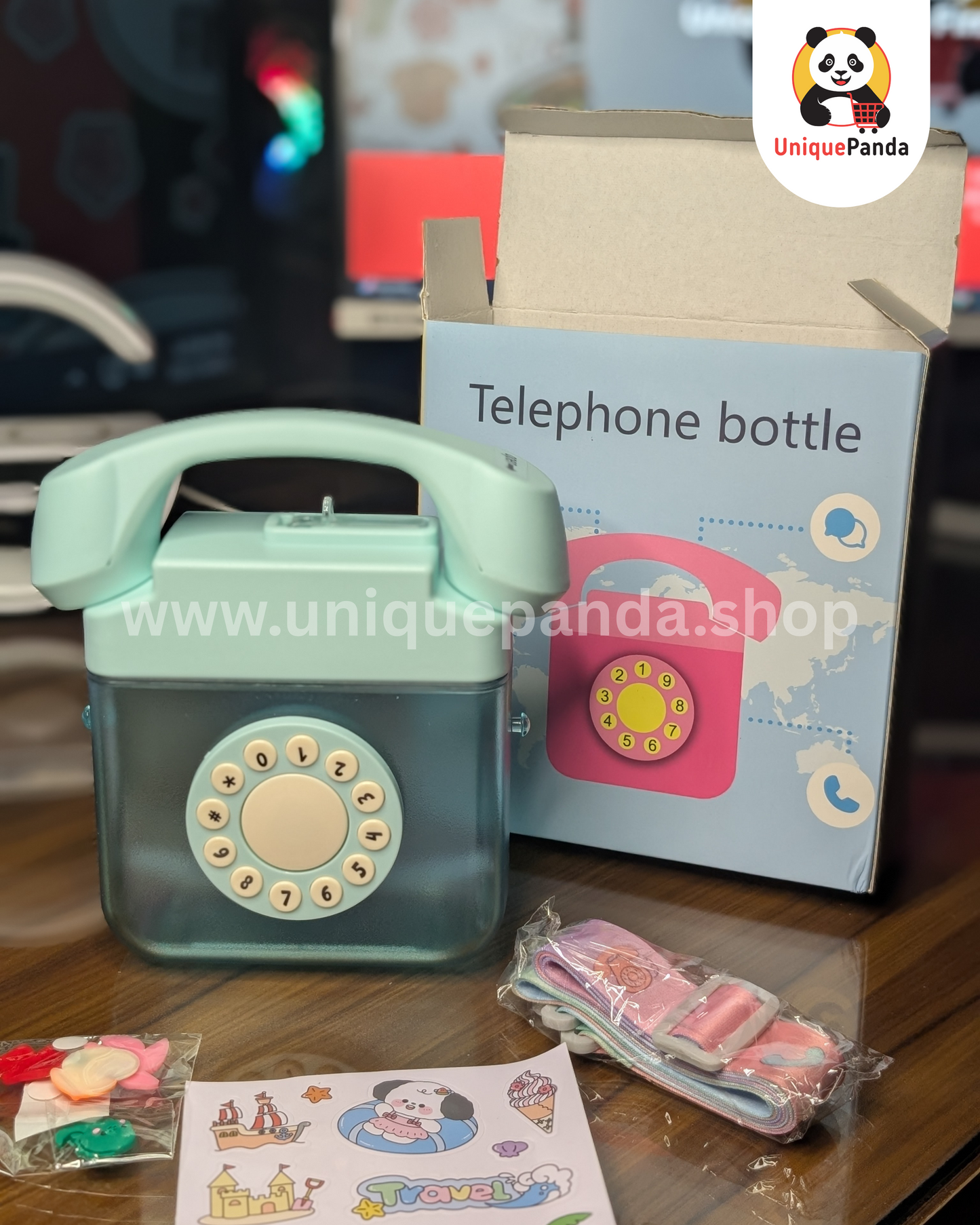 Unique Telephone Shape Water Bottle for Kids 400ml – Rotating Dial, Cute Stickers & Adjustable Strap