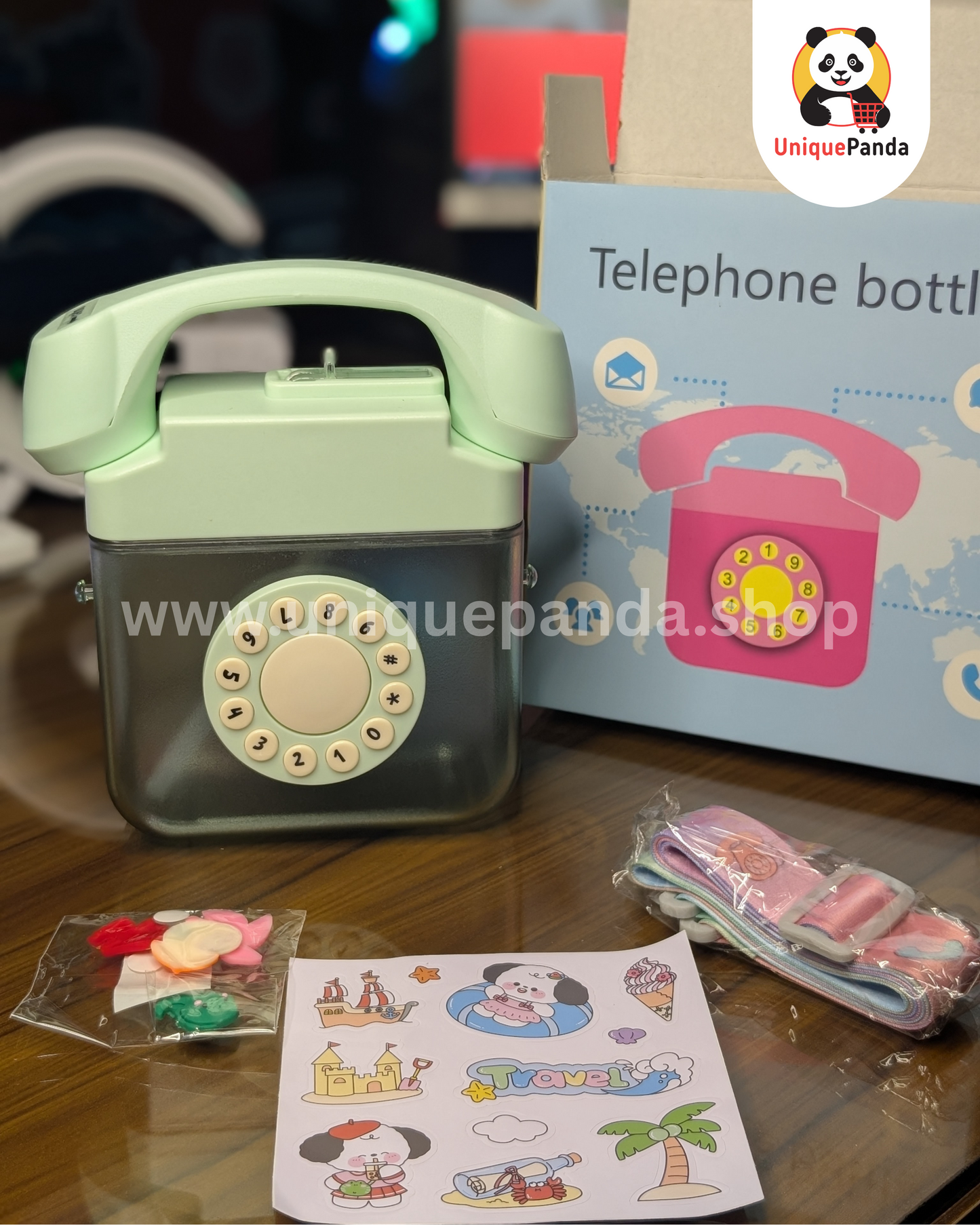 Unique Telephone Shape Water Bottle for Kids 400ml – Rotating Dial, Cute Stickers & Adjustable Strap