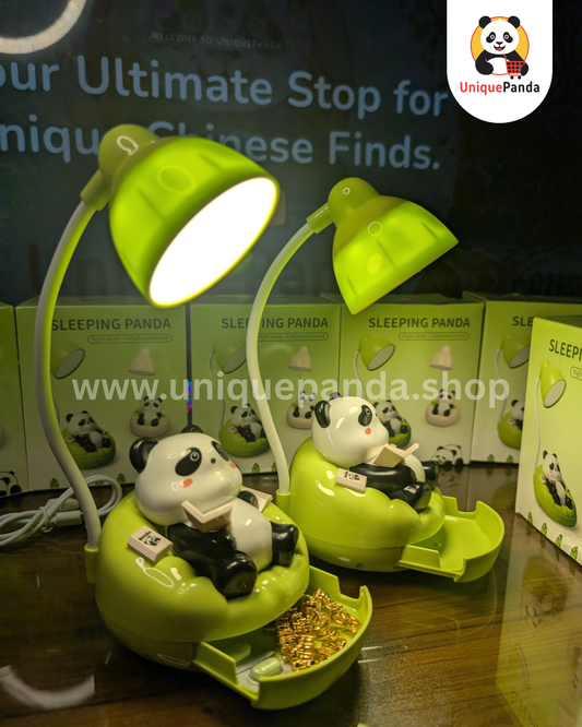Unique Sleeping Panda Desk Lamp with Phone Stand & Mini Drawer | Rechargeable Type-C USB | 3 Color Dimmable Light Modes | Cute Night Light for Kids & Home Decor