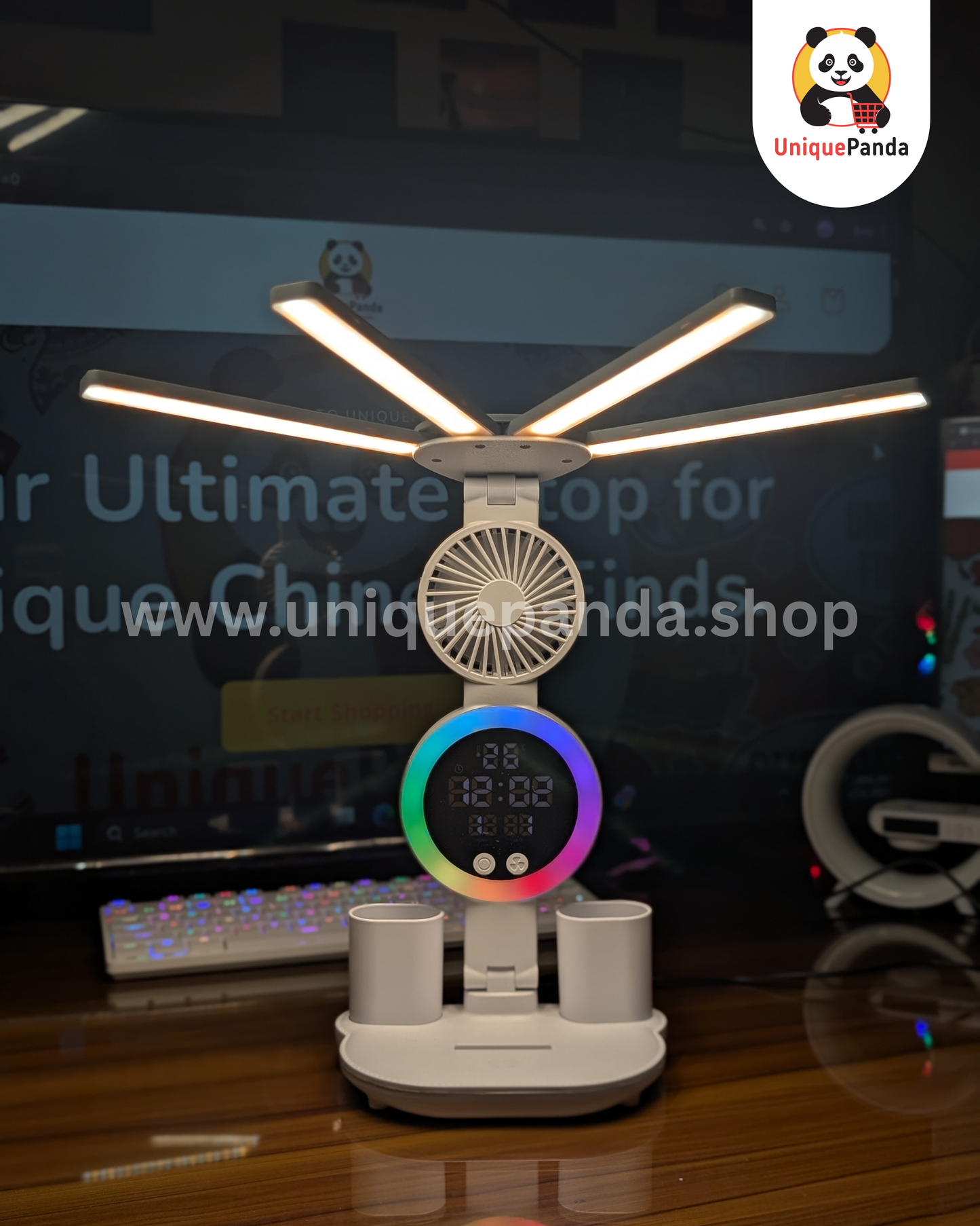 6-in-1 LED Folding Desk Lamp with 4-Head Adjustable Light, Touch Control, Fan, Digital Clock, Pen Holder & Reading Light | Non-Rechargeable USB Plug-in