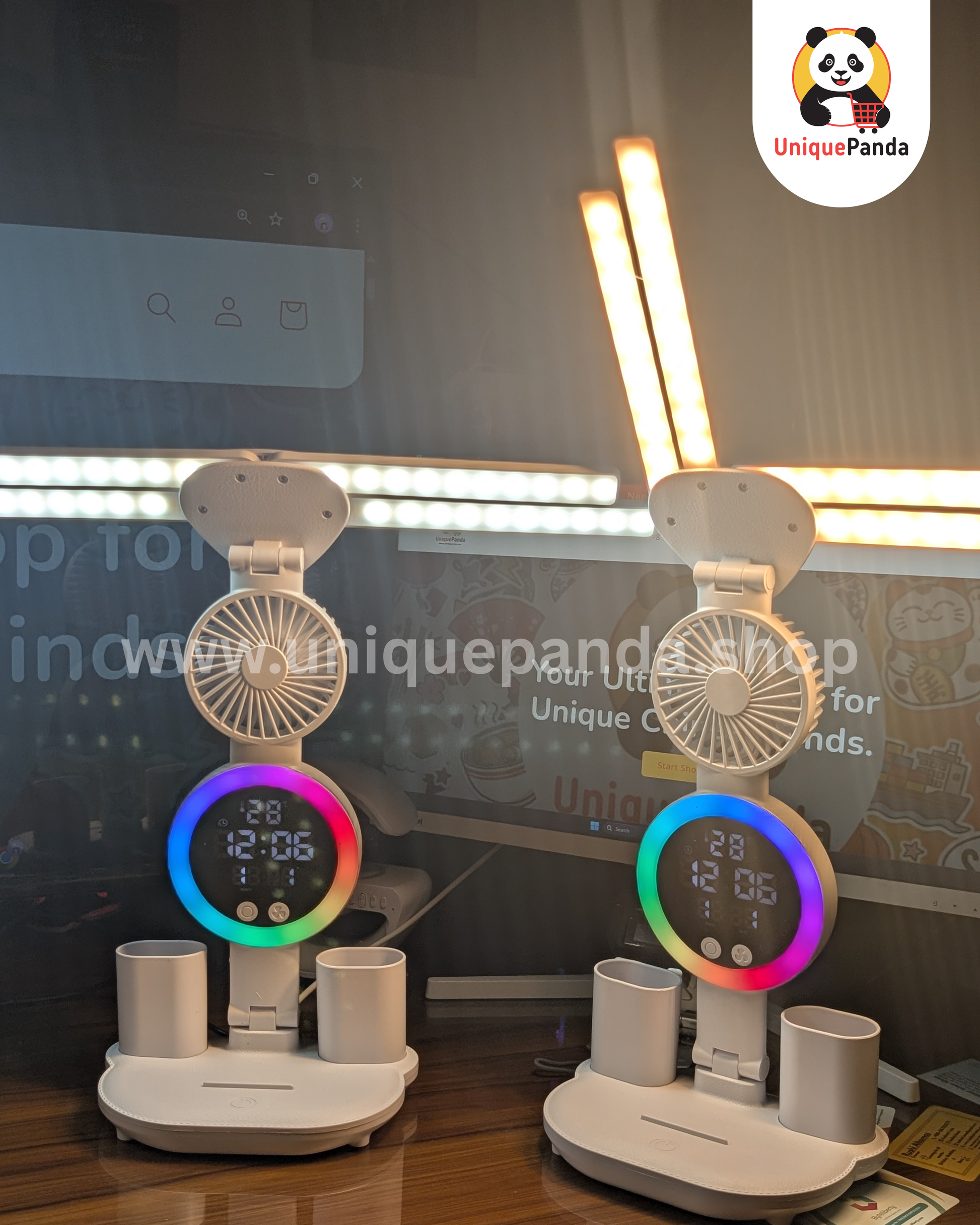 6-in-1 LED Folding Desk Lamp with 4-Head Adjustable Light, Touch Control, Fan, Digital Clock, Pen Holder & Reading Light | Non-Rechargeable USB Plug-in