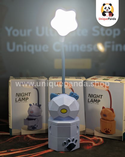 Cute Cartoon Cat Star Desk Lamp with Phone Stand & Mini Drawer | Rechargeable Type-B USB | 3 Dimmable Light Modes (Warm, White & Mixed) | Adorable Study & Night Light
