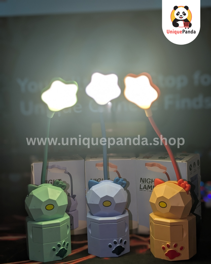 Cute Cartoon Cat Star Desk Lamp with Phone Stand & Mini Drawer | Rechargeable Type-B USB | 3 Dimmable Light Modes (Warm, White & Mixed) | Adorable Study & Night Light