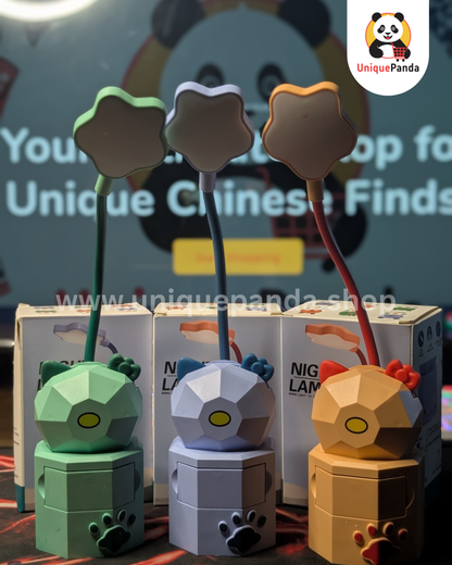 Cute Cartoon Cat Star Desk Lamp with Phone Stand & Mini Drawer | Rechargeable Type-B USB | 3 Dimmable Light Modes (Warm, White & Mixed) | Adorable Study & Night Light