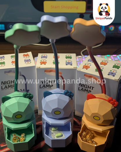 Cute Cartoon Cat Star Desk Lamp with Phone Stand & Mini Drawer | Rechargeable Type-B USB | 3 Dimmable Light Modes (Warm, White & Mixed) | Adorable Study & Night Light