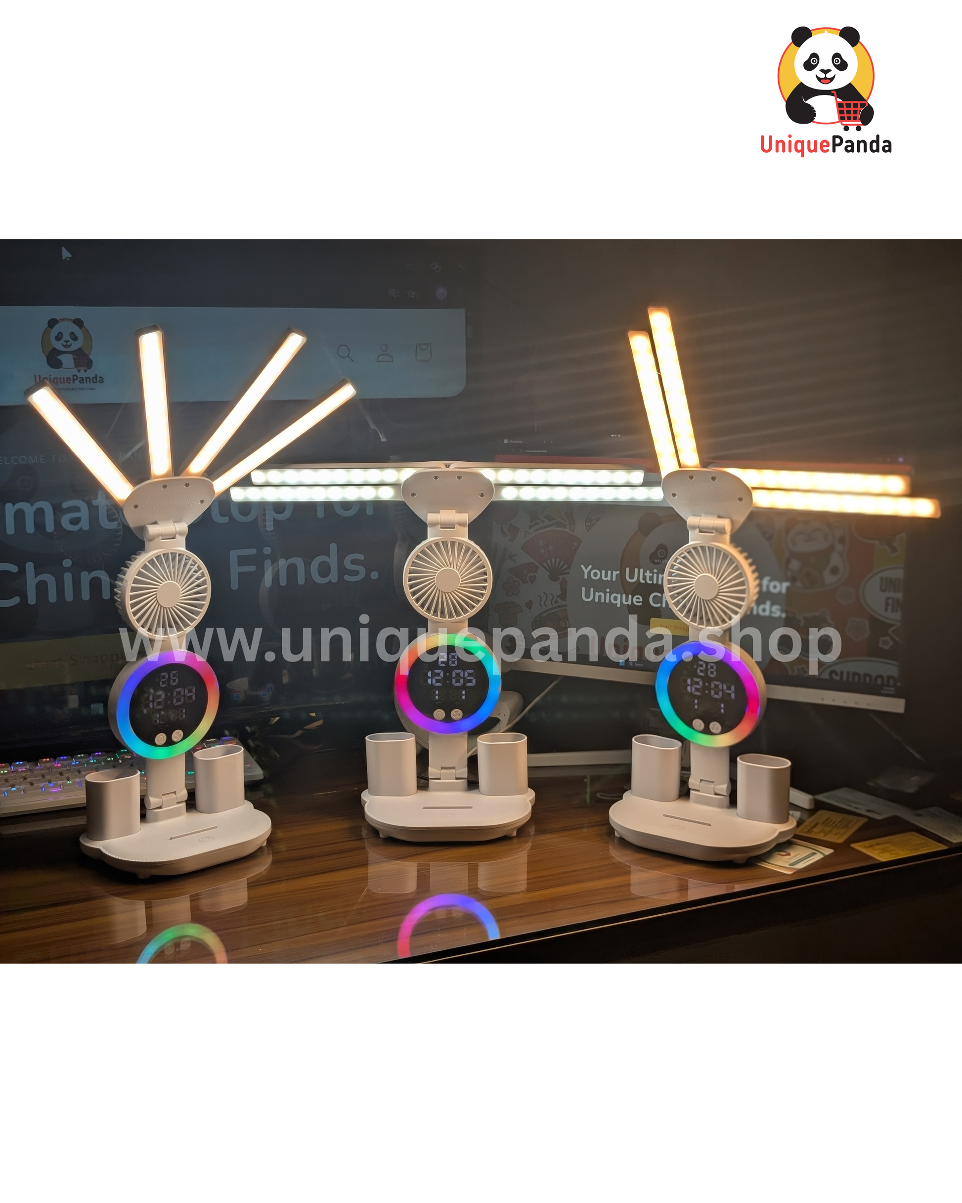 6-in-1 LED Folding Desk Lamp with 4-Head Adjustable Light, Touch Control, Fan, Digital Clock, Pen Holder & Reading Light | Non-Rechargeable USB Plug-in