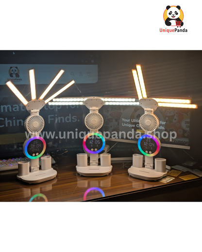 6-in-1 LED Folding Desk Lamp with 4-Head Adjustable Light, Touch Control, Fan, Digital Clock, Pen Holder & Reading Light | Non-Rechargeable USB Plug-in