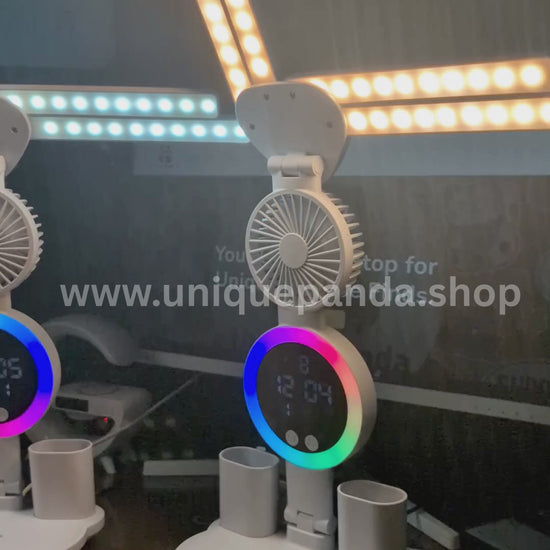 6-in-1 LED Folding Desk Lamp with 4-Head Adjustable Light, Touch Control, Fan, Digital Clock, Pen Holder & Reading Light | Non-Rechargeable USB Plug-in