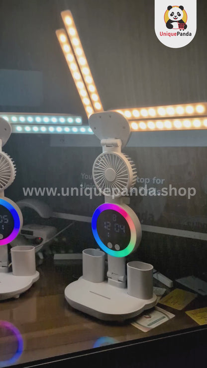 6-in-1 LED Folding Desk Lamp with 4-Head Adjustable Light, Touch Control, Fan, Digital Clock, Pen Holder & Reading Light | Non-Rechargeable USB Plug-in