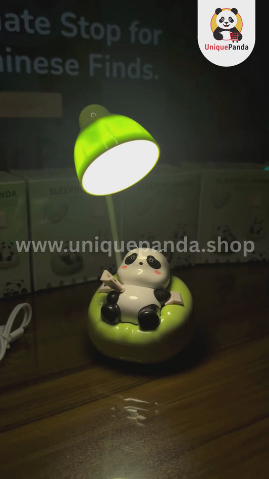 Unique Sleeping Panda Desk Lamp with Phone Stand & Mini Drawer | Rechargeable Type-C USB | 3 Color Dimmable Light Modes | Cute Night Light for Kids & Home Decor