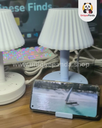 LED Desk Lamp with USB Charging Ports, Power Outlets & Adjustable Phone Stand – 3 Color Dimmable Bedside Table Lamp with 1.8 Meter Power Cable